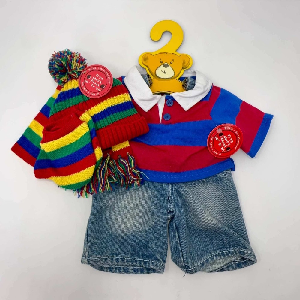 NEW Build-A-Bear Workshop Rugby Polo Denim Overalls Rainbow Beanie Scarf 5 Piece